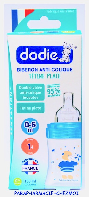 Dodie Biberon Sensation+ Bleu Ourson 0-6 Mois Tétine Plate Débit 1 Pièce  150Ml